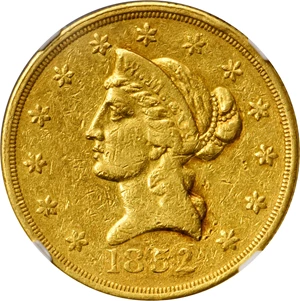 image for: 1852 Wass, Molitor & Co. $10. K-3. Rarity-7. Small Head. AU-50 (NGC).