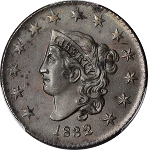 image for: 1832 Matron Head Cent. N-3. Rarity-1. Large Letters. MS-63 BN (PCGS).