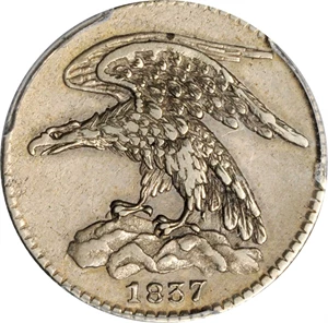 image for: New York--New York. 1837 Feuchtwanger Three Cents. HT-263, Low-118, W-NY-480-65j. Rarity-4. German Silver. Reeded Edge. 25 mm. EF-45 (PCGS).