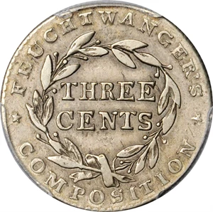 image for: New York--New York. 1837 Feuchtwanger Three Cents. HT-263, Low-118, W-NY-480-65j. Rarity-4. German Silver. Reeded Edge. 25 mm. EF-45 (PCGS).