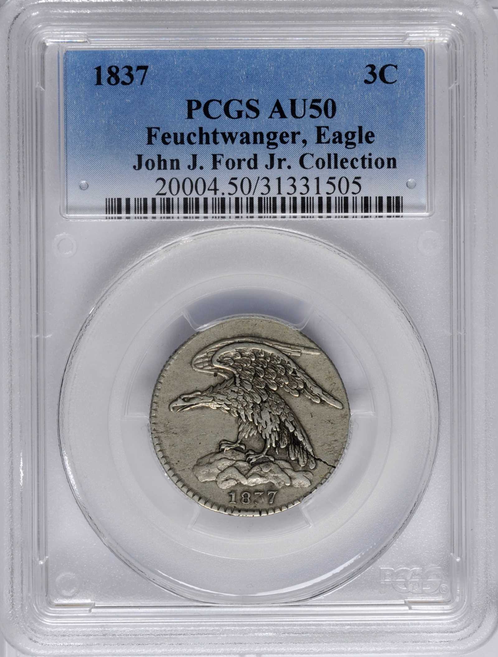 image for: New York--New York. 1837 Feuchtwanger Three Cents. HT-263, Low-118, W-NY-480-65j. Rarity-4. German Silver. 25 mm. AU-50 (PCGS).
