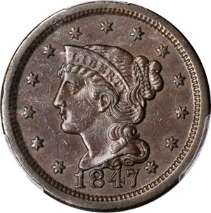 image for: 1847/47 Braided Hair Cent. N-18. Rarity-5. Grellman State-a. Large/Small 47. AU-55 (PCGS).