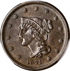 image for: 1841 Braided Hair Cent. N-6. Rarity-1. MS-63 BN (PCGS).