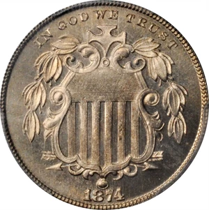 image for: 1874 Shield Nickel. Proof-67 (PCGS).