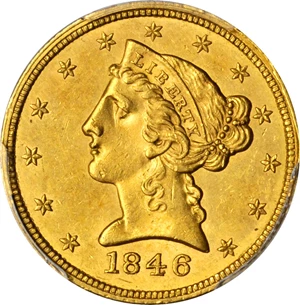 image for: 1846 Liberty Head Half Eagle. Small Date. MS-61 (PCGS).