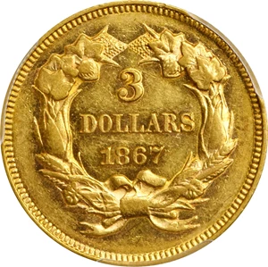 image for: 1867 Three-Dollar Gold Piece. AU-55 (PCGS).