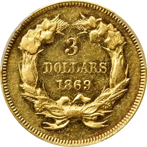 image for: 1869 Three-Dollar Gold Piece. AU-53 (PCGS).