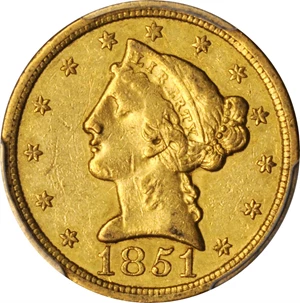 image for: 1851-O Liberty Head Half Eagle. Winter Variety 2 (1-B). AU-50 (PCGS).