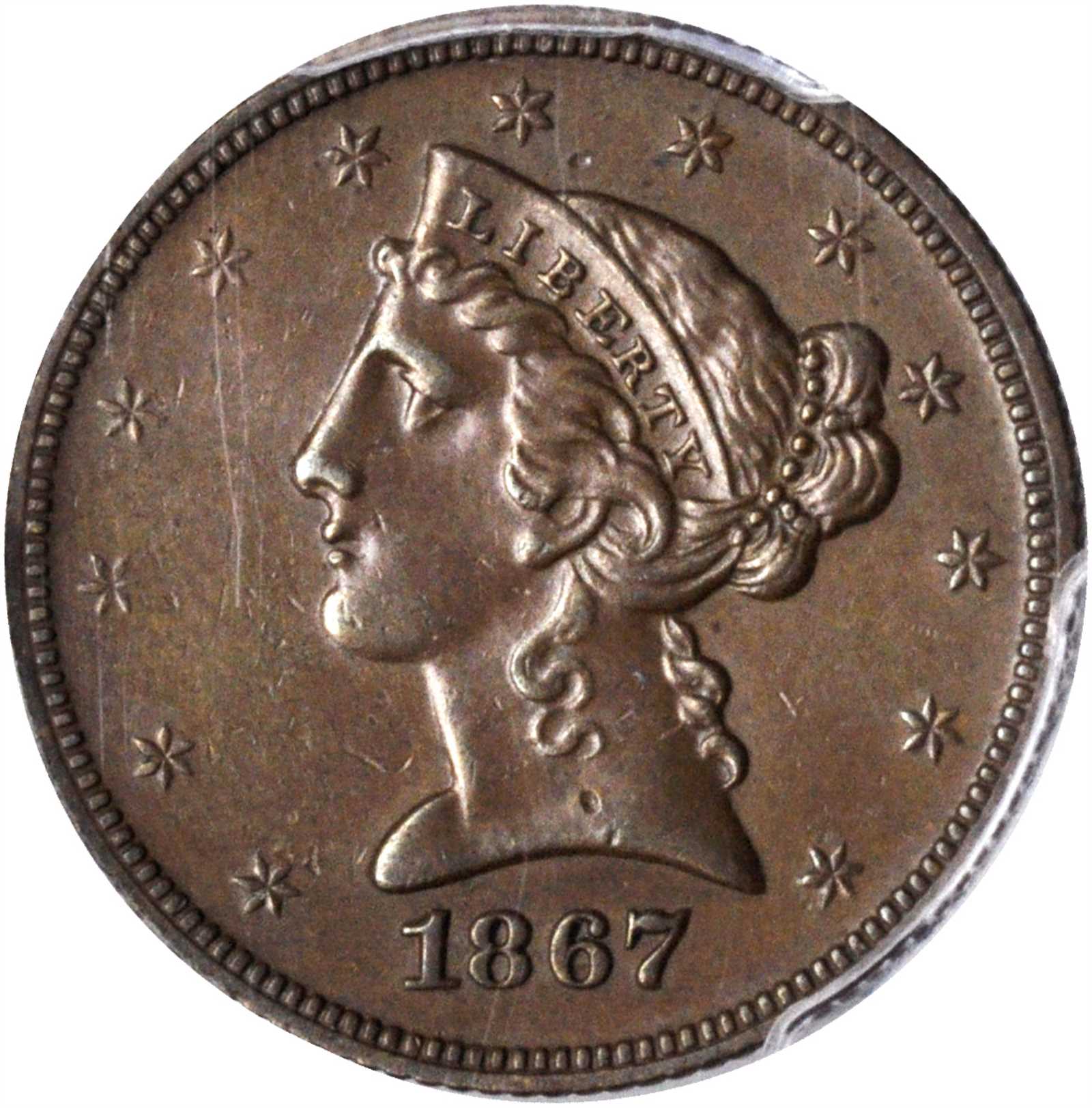 image for: 1867 Pattern Liberty Head Half Eagle. Judd-599, Pollock-665. Rarity-7+. Copper. Reeded Edge. Proof-58 (PCGS).