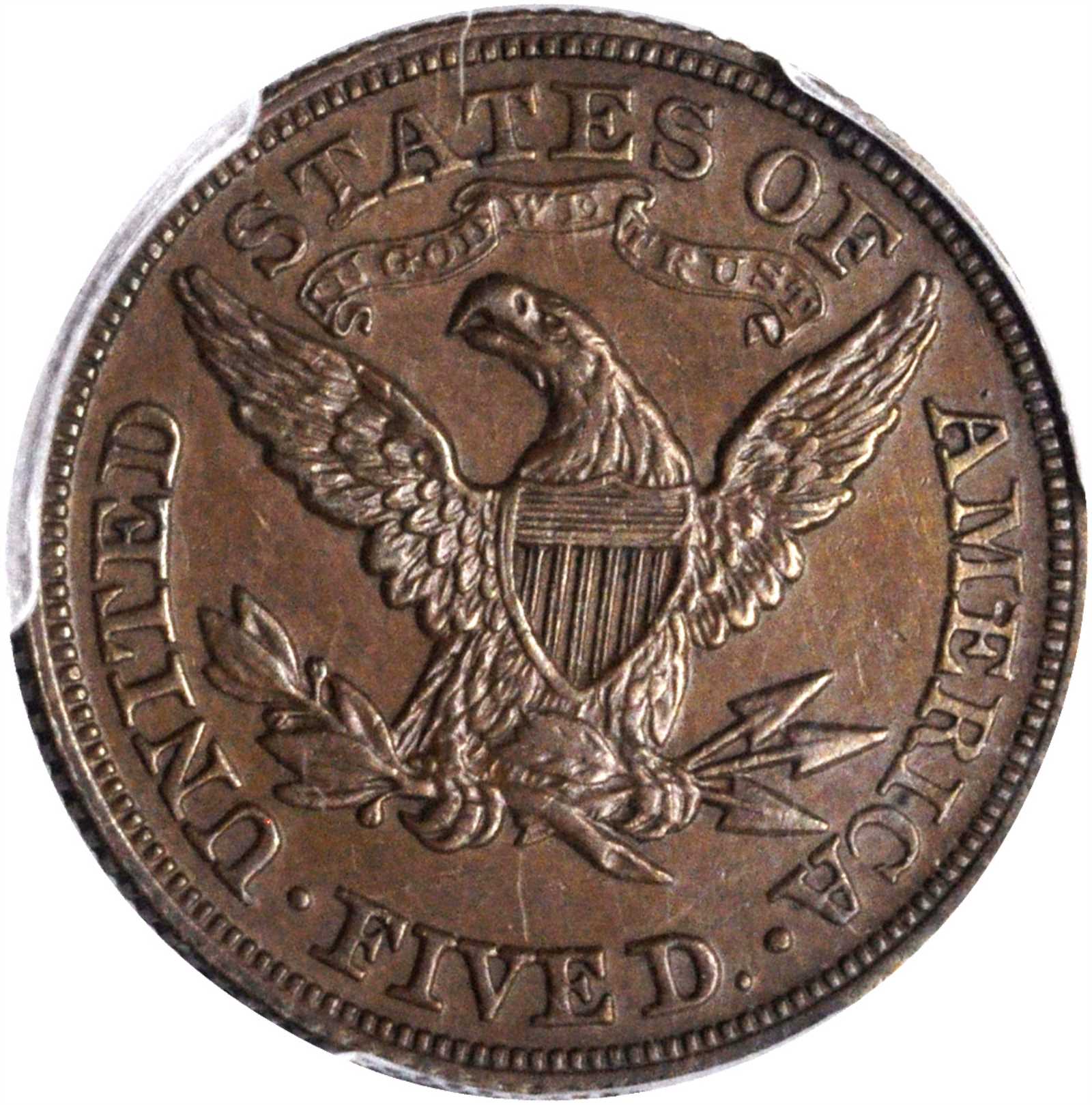 image for: 1867 Pattern Liberty Head Half Eagle. Judd-599, Pollock-665. Rarity-7+. Copper. Reeded Edge. Proof-58 (PCGS).