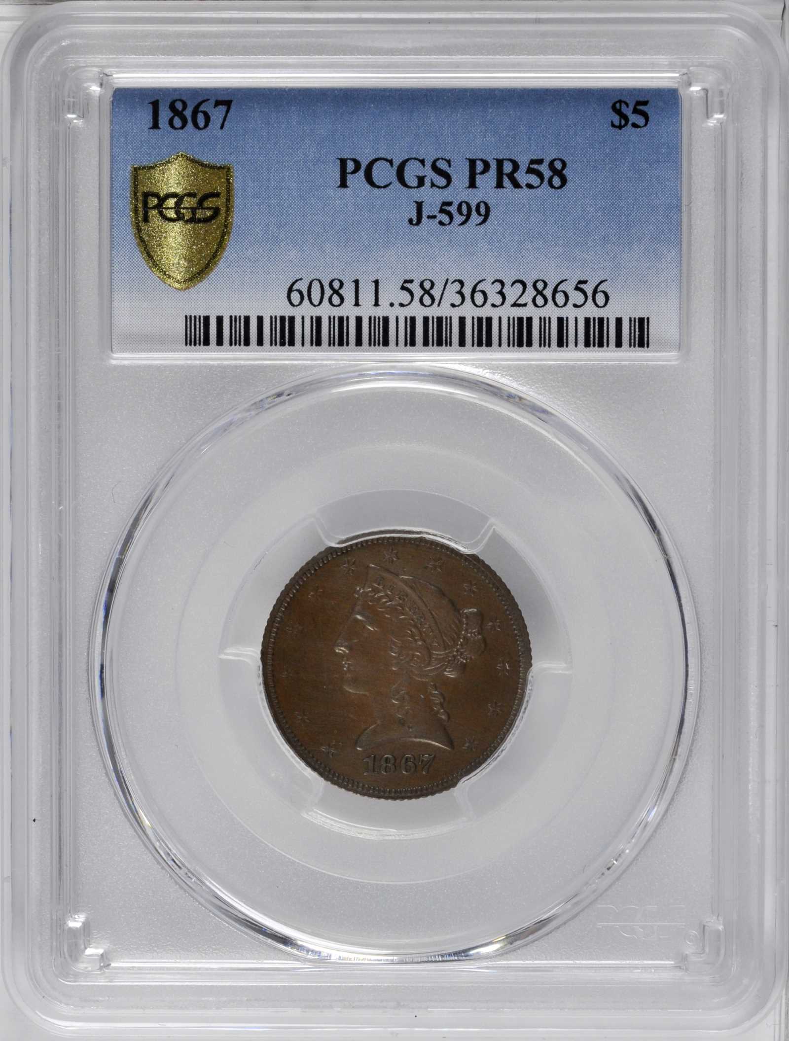 image for: 1867 Pattern Liberty Head Half Eagle. Judd-599, Pollock-665. Rarity-7+. Copper. Reeded Edge. Proof-58 (PCGS).