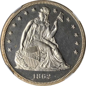 image for: 1862 Liberty Seated Silver Dollar. Proof-64 Cameo (NGC). CAC.