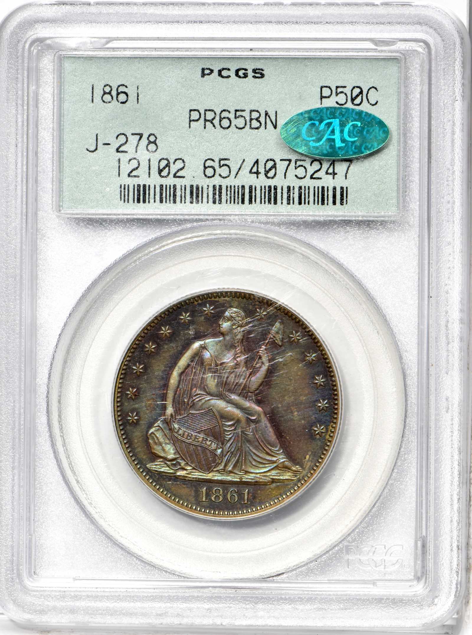 image for: 1861 Pattern Liberty Seated Half Dollar. Judd-278, Pollock-327. Rarity-7-. Copper. Reeded Edge. Proof-65 BN (PCGS). CAC. OGH.