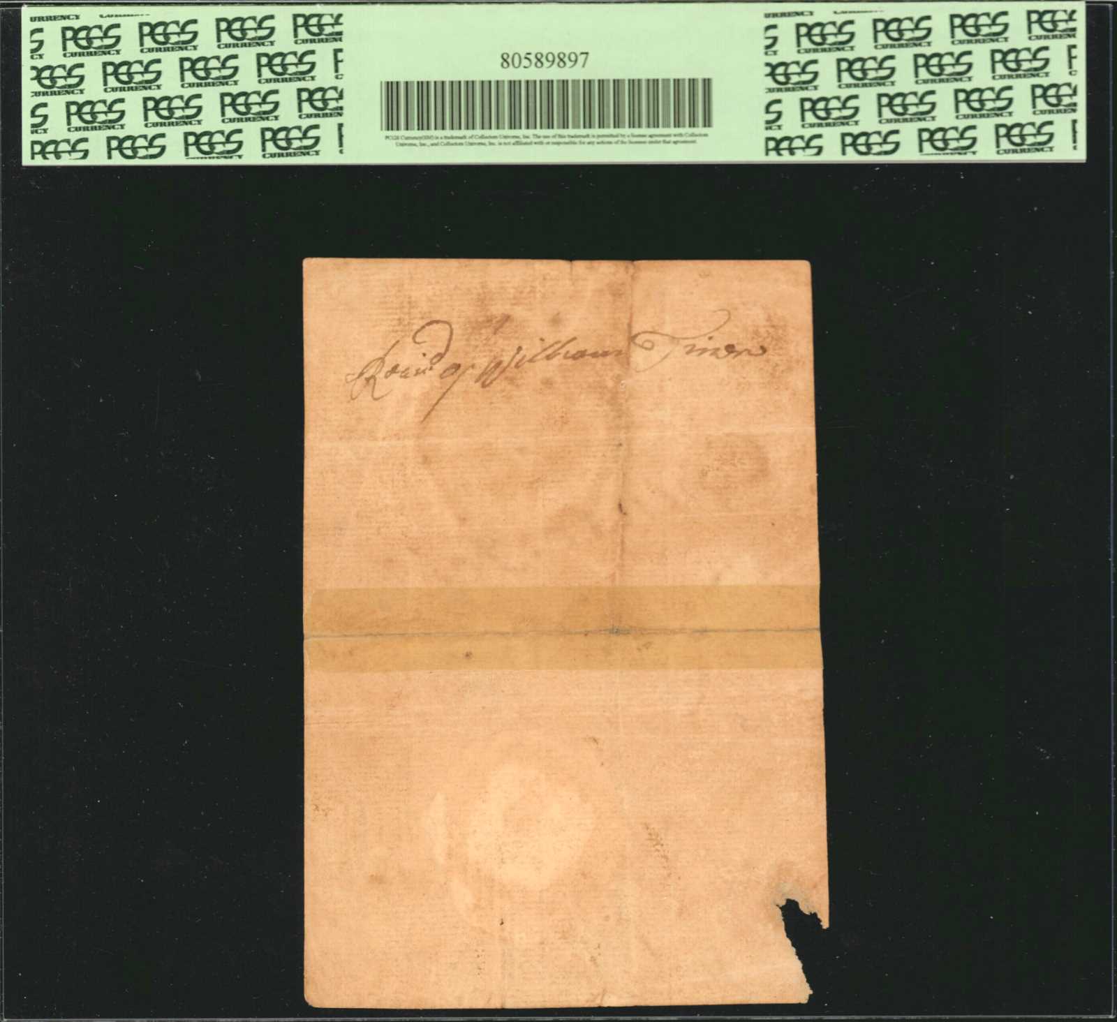 image for: NC-34. North Carolina. November 27, 1729. 5 Pounds. PCGS Currency Very Fine 30. Contemporary Counterfeit. Apparent. Center Split Tape Repaired; Small Edge Tears; Damage in LL Corner.