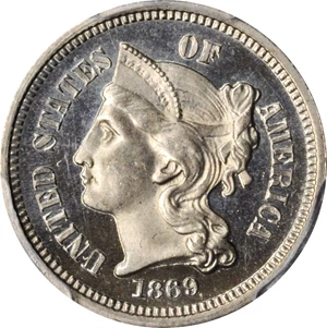 image for: 1869 Nickel Three-Cent Piece. Proof-65 Cameo (PCGS).