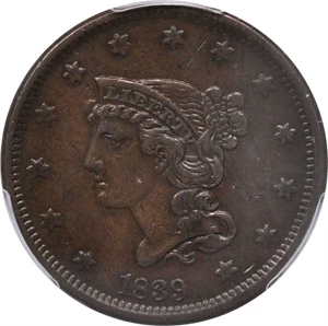 image for: 1839 Braided Hair Cent. N-8. Rarity-1. Head of 1840. EF-45 (PCGS).