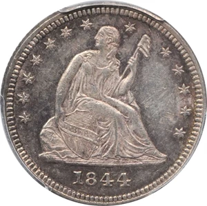 image for: 1844 Liberty Seated Quarter. Briggs-Unlisted. Repunched Date. MS-61 (PCGS).