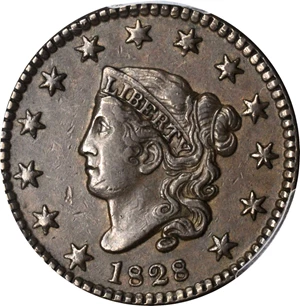 image for: 1828 Matron Head Cent. N-10. Rarity-1. Small Wide Date. EF-40 (PCGS).