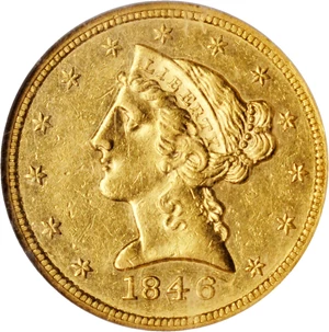 image for: 1846 Liberty Head Half Eagle. Small Date. AU-55 (NGC).