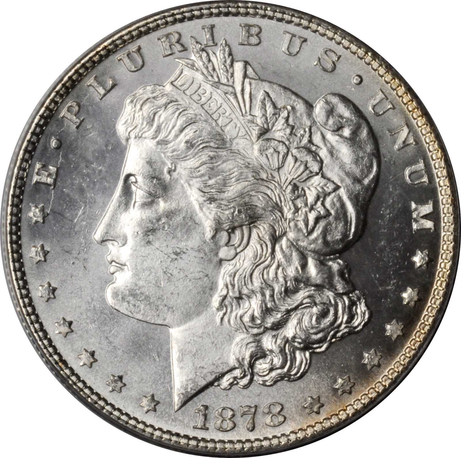 image for: 1878 Morgan Silver Dollar. 7 Tailfeathers. Reverse of 1878. VAM-31. Lines Thru Leg. MS-63 (ANACS).