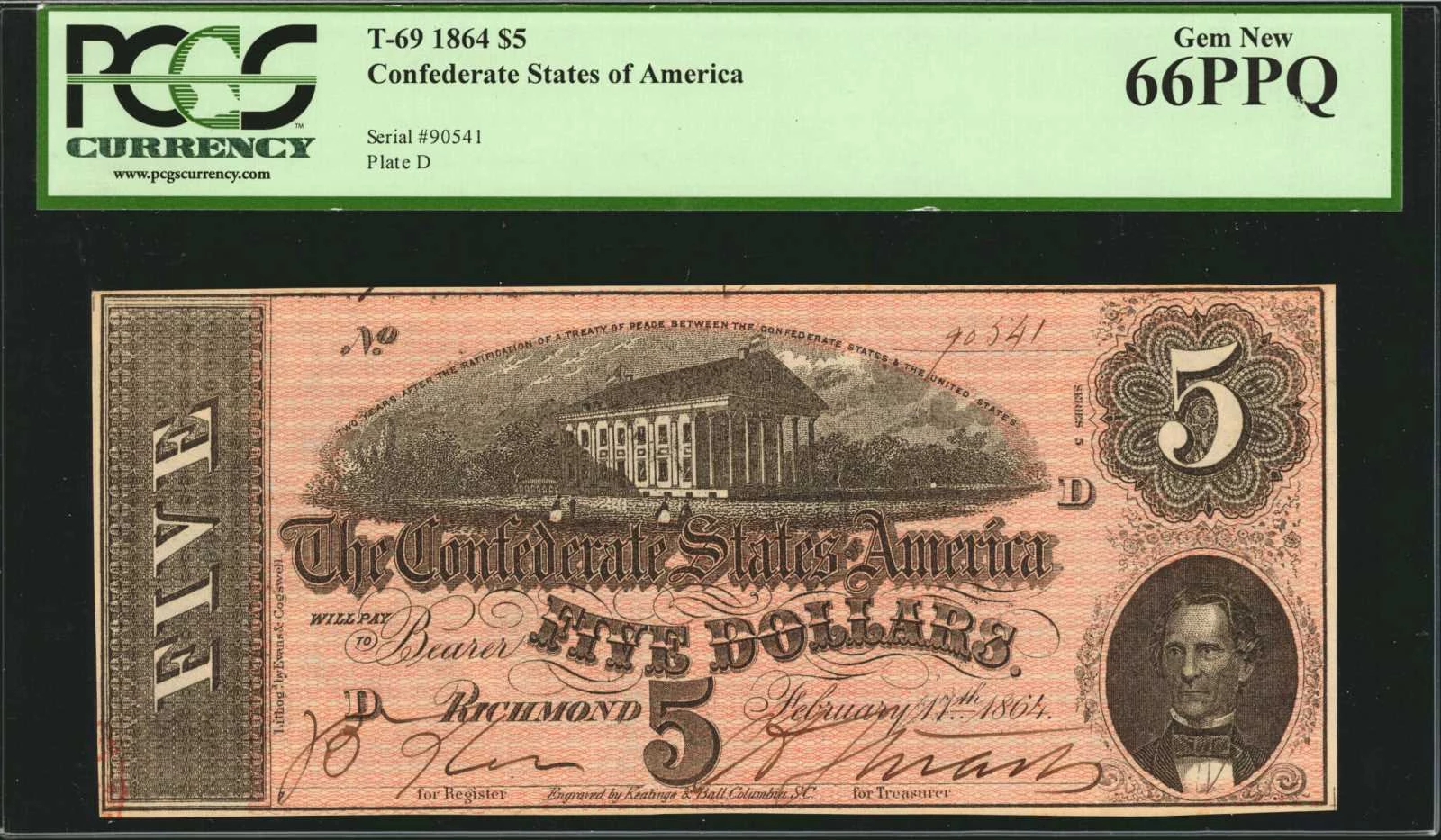 1864 Confederate States 5 dollar Note