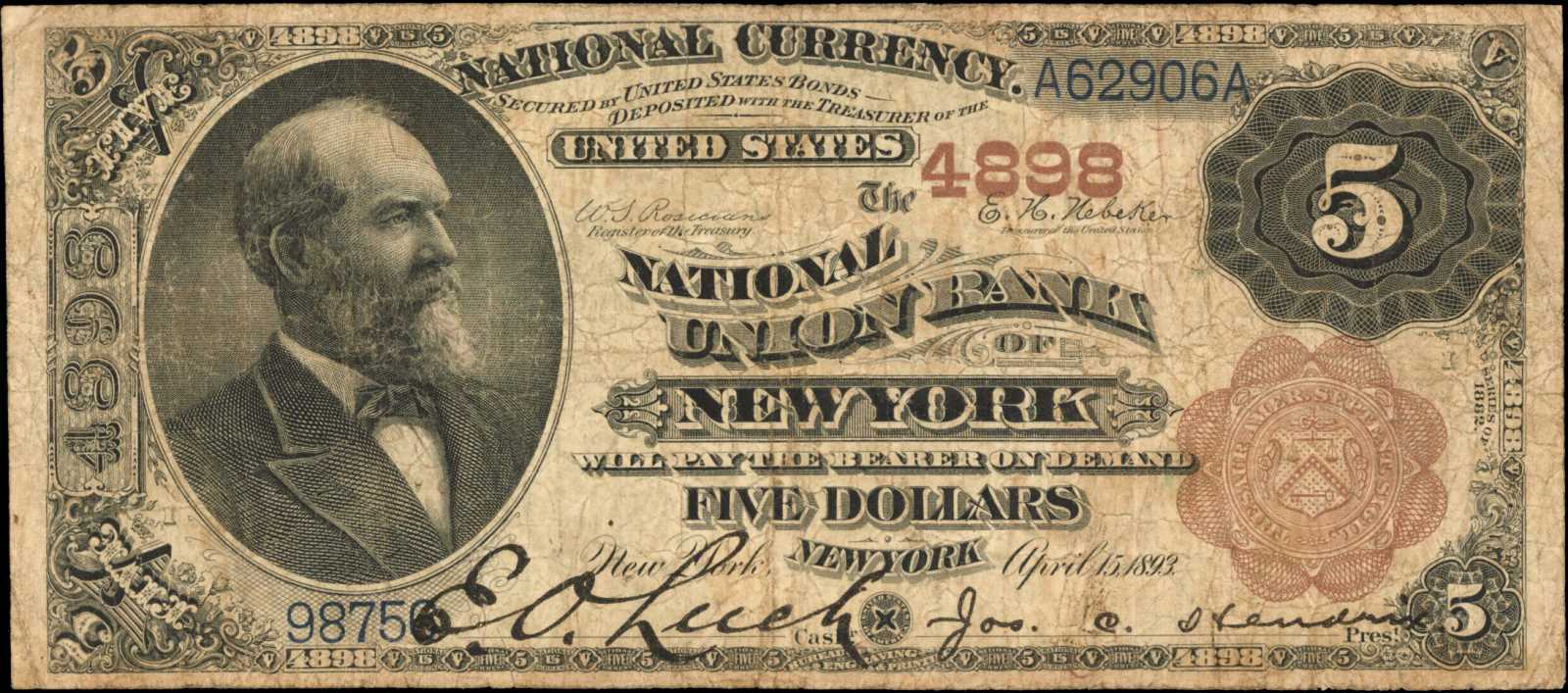 New York, New York. 1882 Brown Back $5 Fr. 472. The National Union Bank. Charter #4898. Fine.