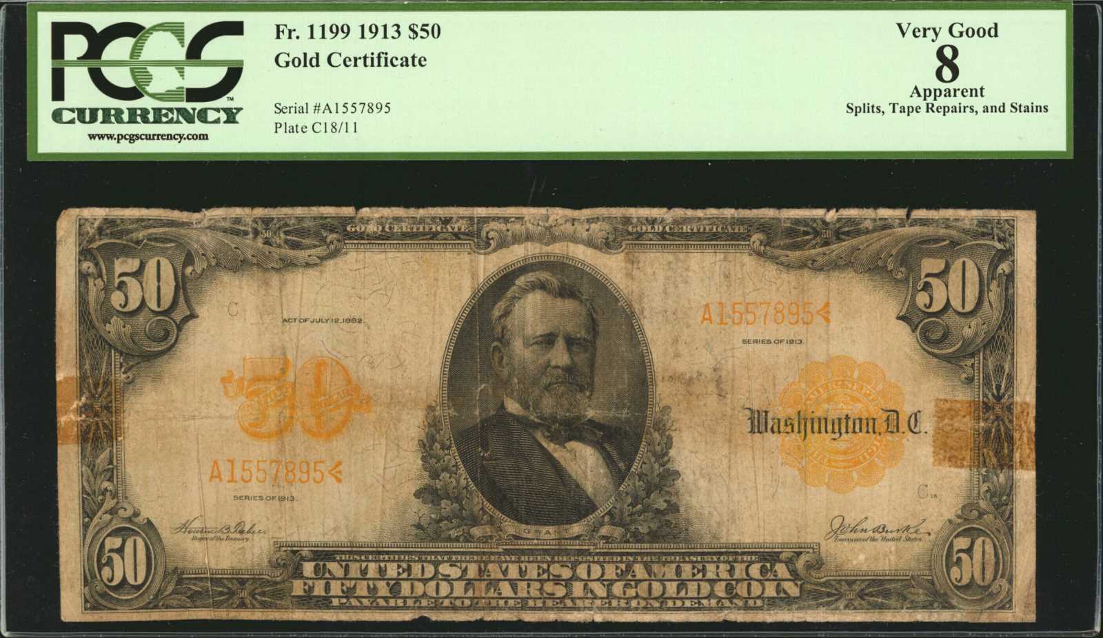 Fr. 1199. 1913 $50 Gold Certificate. PCGS Currency Very Good 8 Apparent. Splits, Tape Repairs, and Stains.