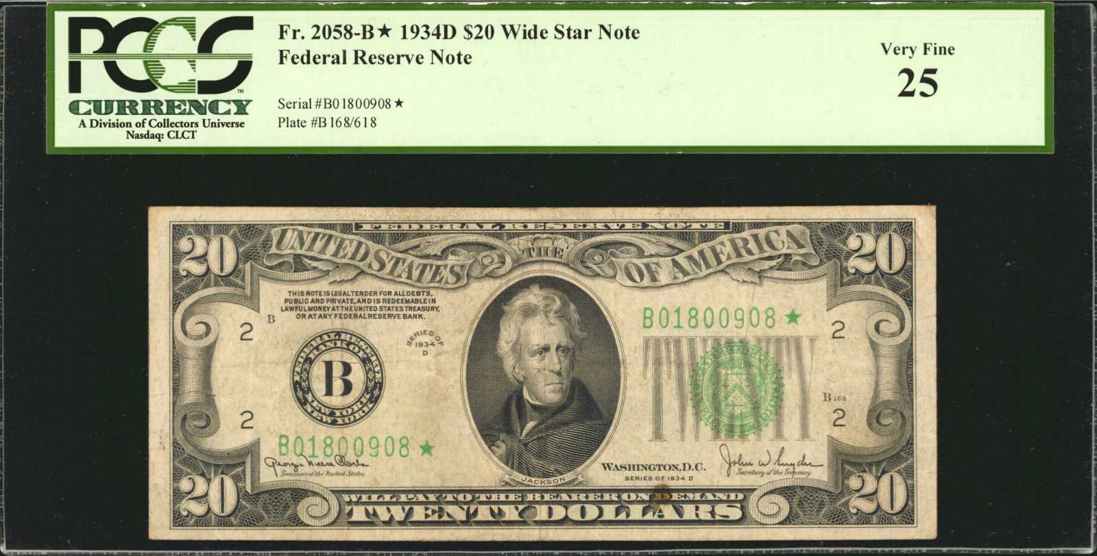 image for: Fr. 2058-B*. 1934D $20  Federal Reserve Wide Star Note. New York. PCGS Currency Very Fine 25.