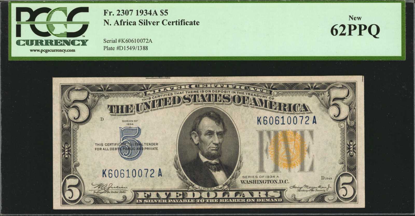 Fr. 2307. 1934A $5 North Africa Emergency Note. PCGS Currency New 62 PPQ.