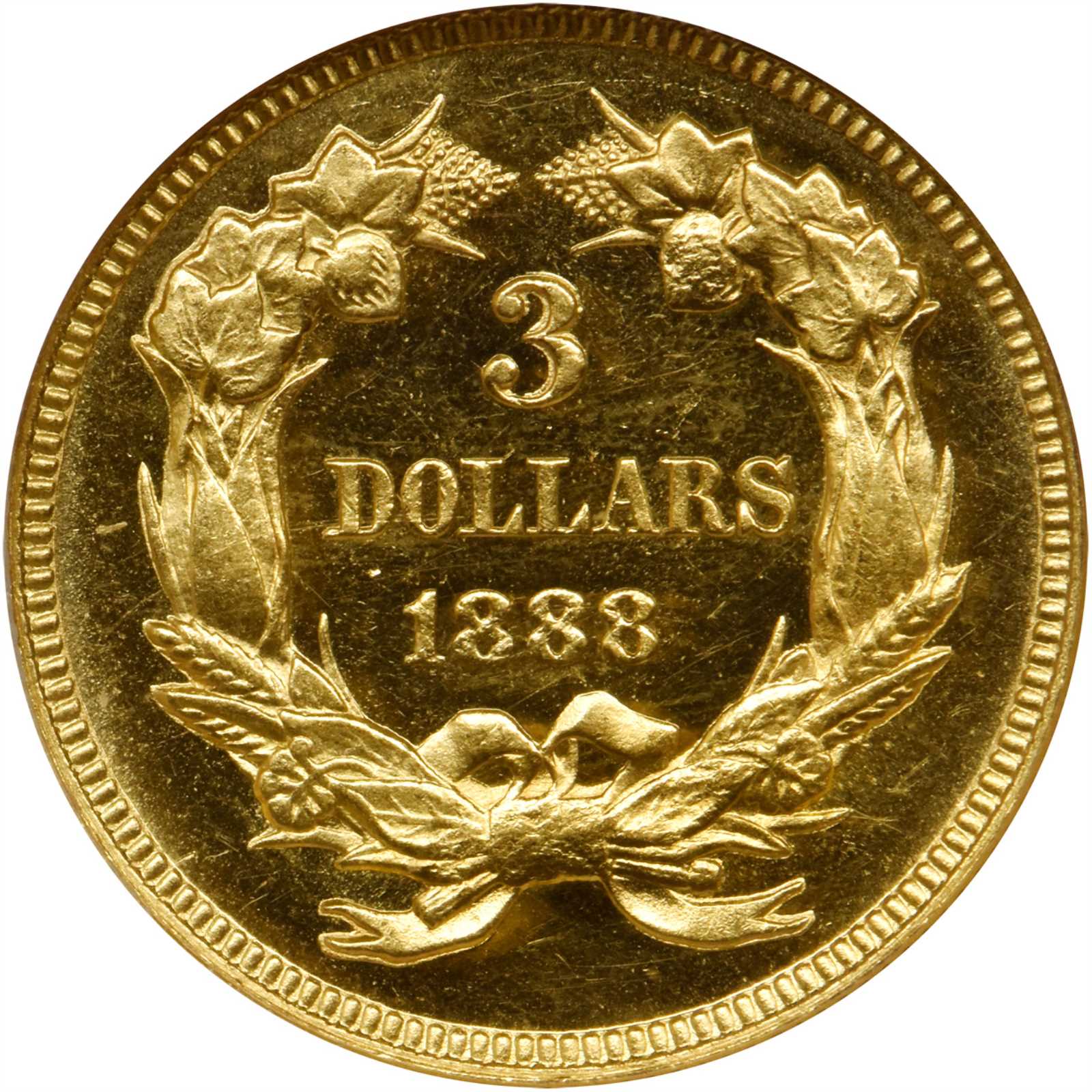 image for: 1888 Three-Dollar Gold Piece. JD-1, the only known dies. Rarity-4-. Proof-64 Cameo (NGC).