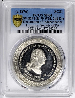 image for: Circa 1876 Declaration of Independence medal by George Lovett and Abraham Demarest. Musante GW-829, Baker-389C, HK-79, var. White Metal. SP-64 (PCGS).