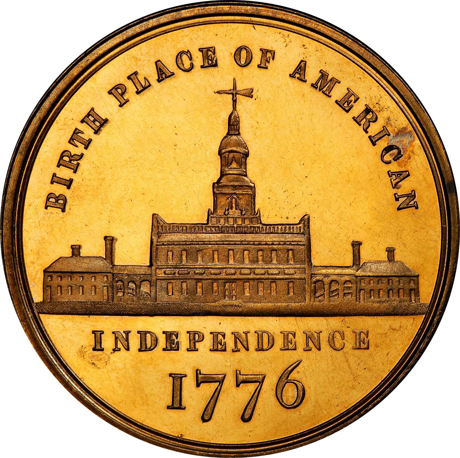 image for: Circa 1876 Independence Hall medal. Undraped bust right. Musante GW-916, Baker-394A, HK-44. Rarity-7. Copper, Gilt. MS-64 (PCGS).