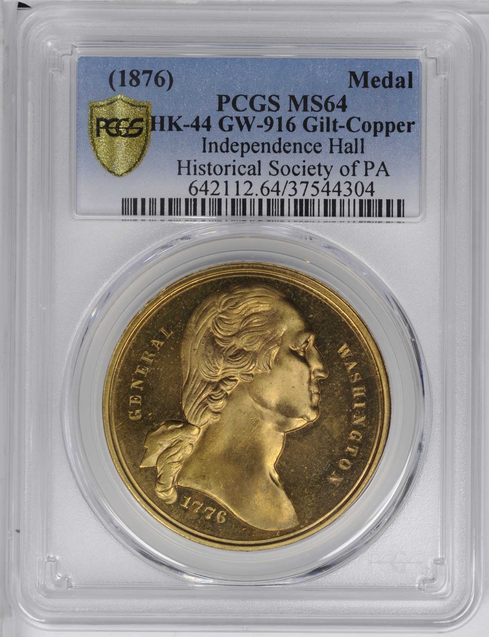 image for: Circa 1876 Independence Hall medal. Undraped bust right. Musante GW-916, Baker-394A, HK-44. Rarity-7. Copper, Gilt. MS-64 (PCGS).