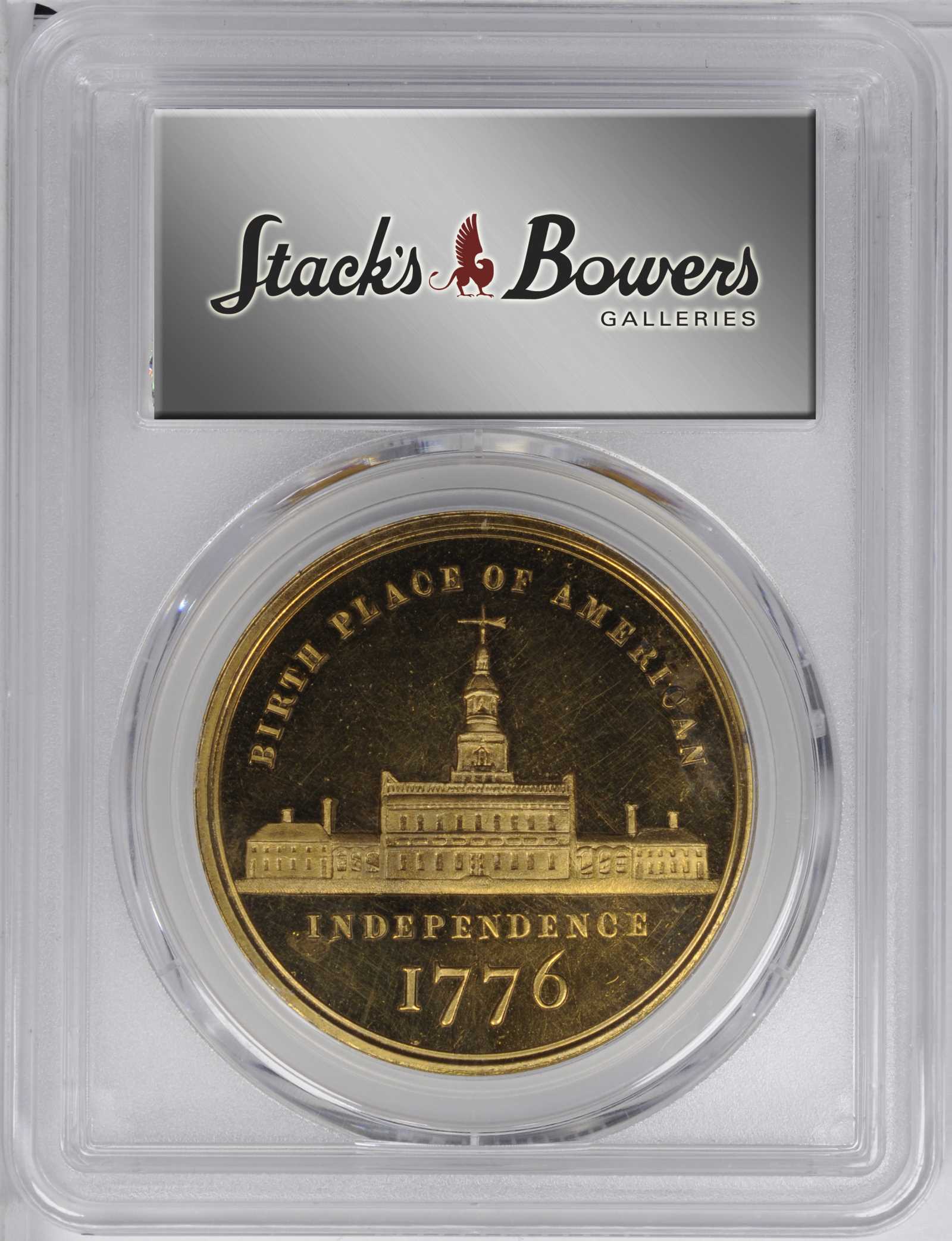 image for: Circa 1876 Independence Hall medal. Undraped bust right. Musante GW-916, Baker-394A, HK-44. Rarity-7. Copper, Gilt. MS-64 (PCGS).