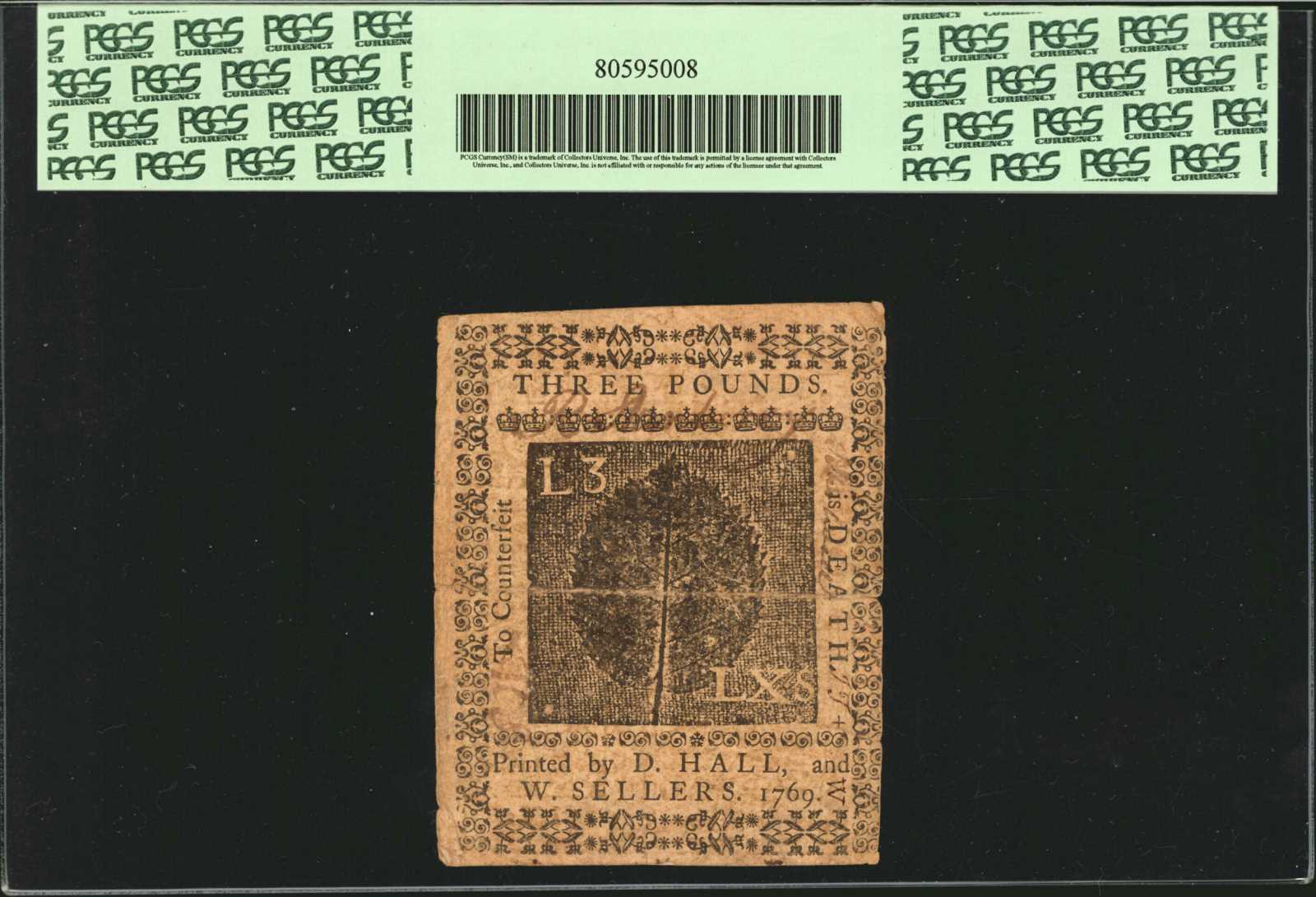 image for: PA-133. Pennsylvania. March 1, 1769. 3 Pounds. PCGS Currency Very Fine 25 Apparent. Small Edge Split at Left.