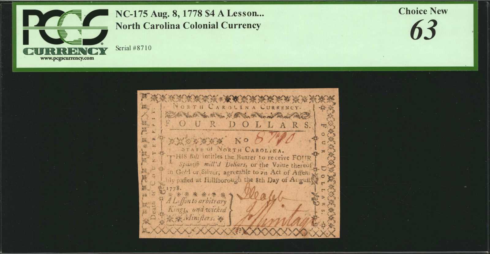 image for: NC-175. North Carolina. August 8, 1778. $4. PCGS Currency Choice New 63.