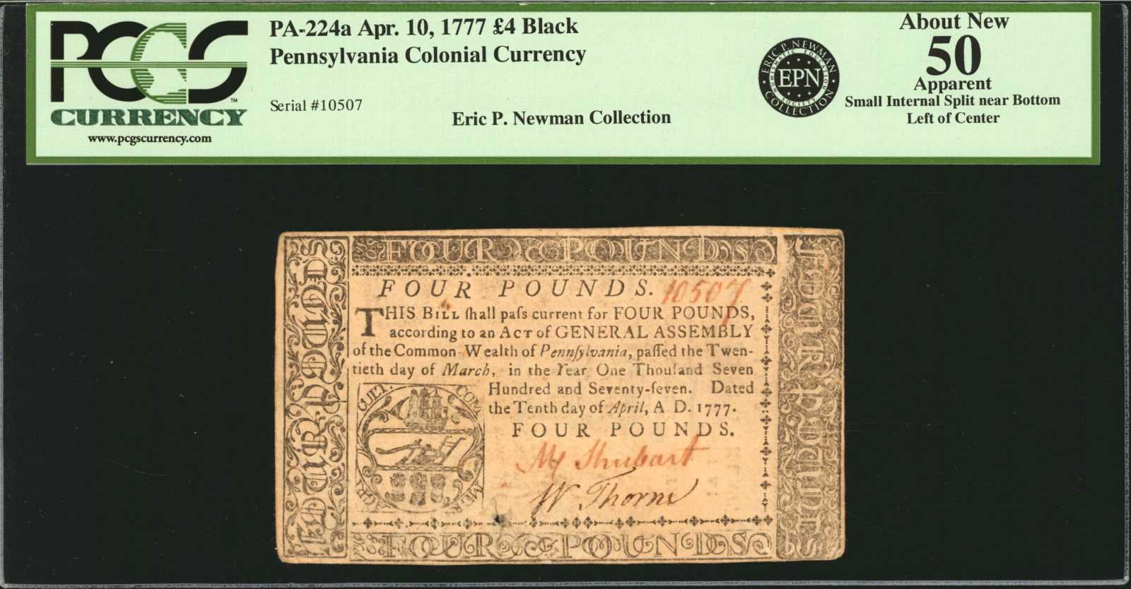 image for: PA-224a. Pennsylvania. April 10, 1777. 4 Pounds. PCGS Currency About New 50. Apparent. Small Internal Split near Bottom Left of Center.