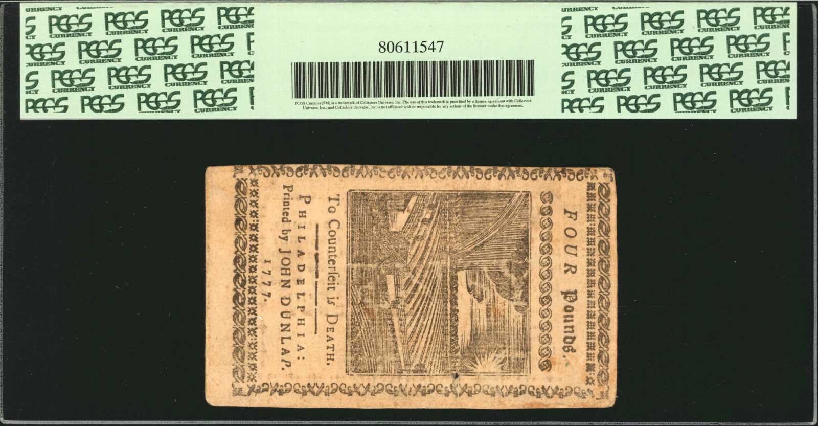 image for: PA-224a. Pennsylvania. April 10, 1777. 4 Pounds. PCGS Currency About New 50. Apparent. Small Internal Split near Bottom Left of Center.