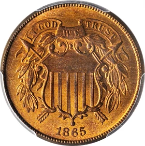 image for: 1865 Two-Cent Piece. Fancy 5. MS-67 RB (PCGS).