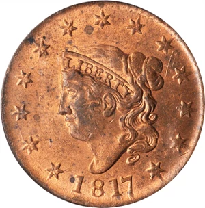 image for: 1817 Matron Head Cent. N-14. Rarity-1. 13 Stars. MS-63 RB (PCGS). CAC.