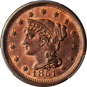 image for: 1851 Braided Hair Cent. N-10. Rarity-1. MS-63 RB (PCGS).