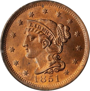 image for: 1851 Braided Hair Cent. N-2. Rarity-1. MS-63 RB (PCGS). OGH.