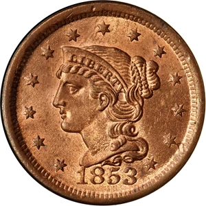 image for: 1853 Braided Hair Cent. N-13. Rarity-1. MS-64 RD (NGC).