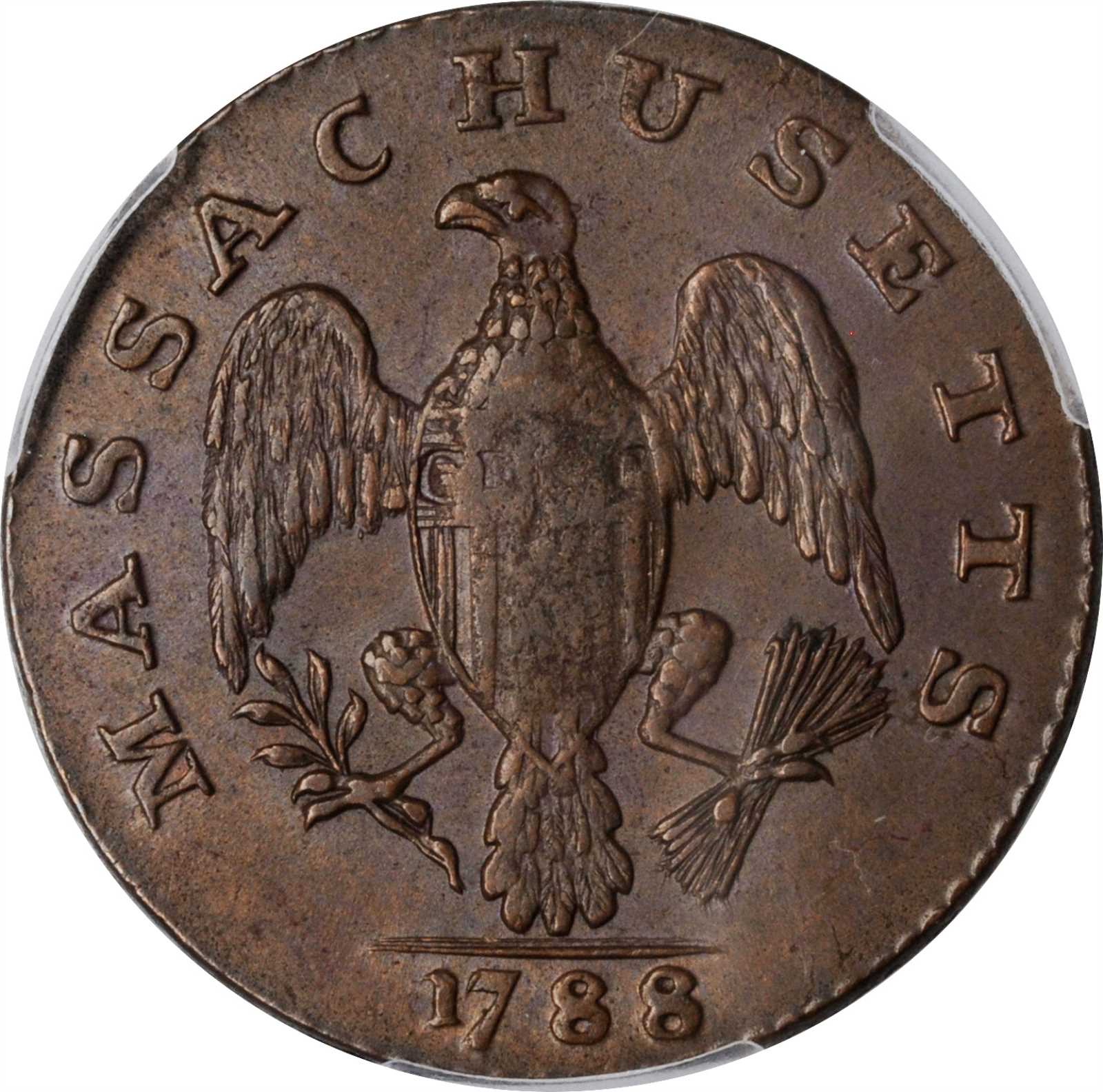 image for: 1788 Massachusetts Cent. Ryder 6-N, W-6240. Rarity-3-. No Period After MASSACHUSETTS. MS-62 BN (PCGS).