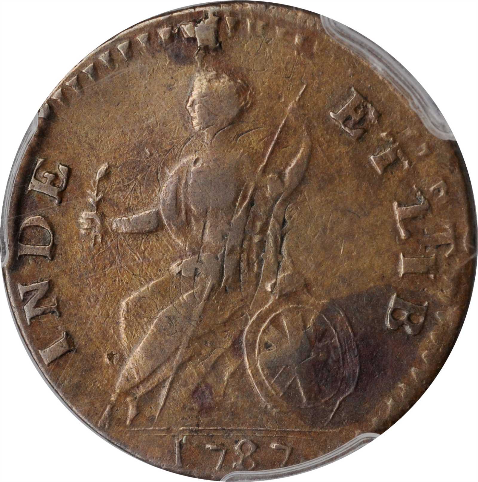 image for: 1787 Vermont Copper. RR-12, Bressett 11-K, W-2110. Rarity-4. Bust Right--Overstruck on a Nova Constellatio Copper--EF-40 (PCGS).