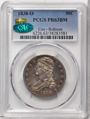image for: 1838-O Capped Bust Half Dollar. Reeded Edge. HALF DOL. GR-1. Rarity-7. Specimen-63 (PCGS). CAC.