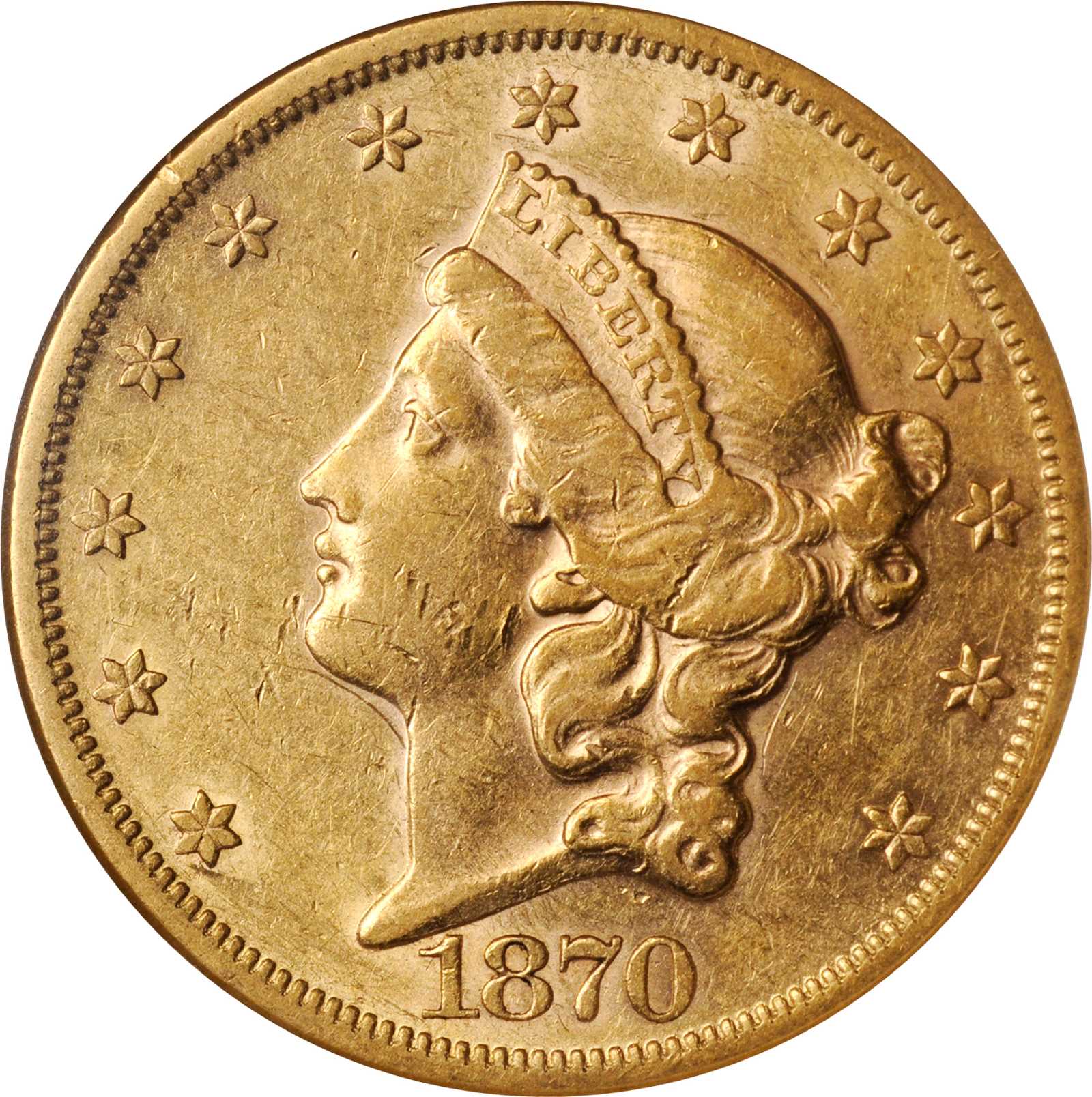 1870 Liberty Head Double Eagle. AU-50 (NGC).