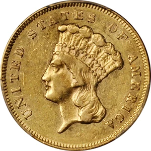 image for: 1865 Three-Dollar Gold Piece. AU-50 (PCGS).