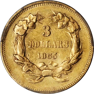 image for: 1865 Three-Dollar Gold Piece. AU-50 (PCGS).