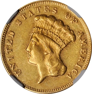 image for: 1869 Three-Dollar Gold Piece. AU-55 (NGC).